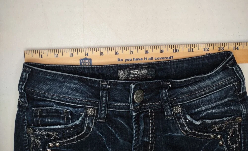 Silver Jeans Women 26x27 Suki 17 Low Rise Embellished Whiskered Faded Fancy READ